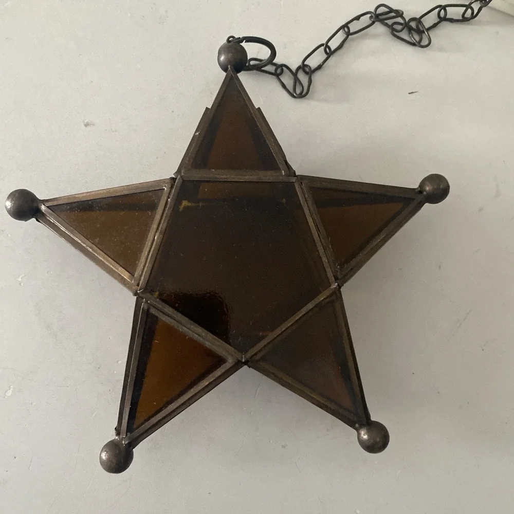 Pier 1 Amber Moroccan Star Lantern Candle Holder Leaded Glass 8